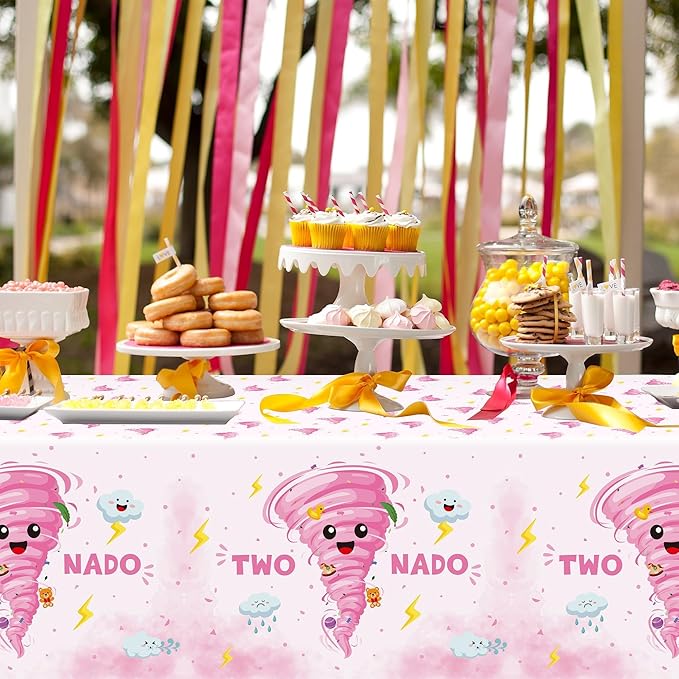 Two Nado Party Tablecloths - 3Pcs Pink Tornado Birthday Party Table Covers Decorations, Cute Two Nado Themed Rectangular Plastic Disposable Table Cloth Decor for Baby Girls 2nd Birthday Baby Shower