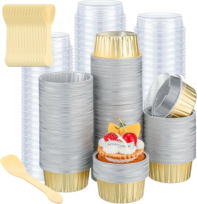 Hushee 600 Pcs Aluminum Foil Baking Cups with Lids and Spoons 5oz Disposable Ramekins Dessert Muffin Creme Brulee Cupcake Liners Containers for Wedding Birthday Christmas Party(Round,Gold)