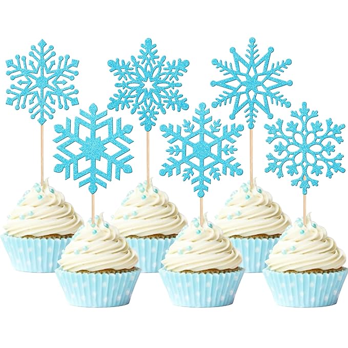 36 PCS Snowflake Cupcake Toppers Glitter Winter Frozen Theme Snowflake Cupcake Picks Winter Wonderland Cake Decorations for Baby Shower Kids Birthday Christmas Party Supplies Blue
