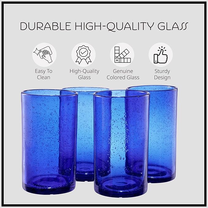 Artland 17oz Highball Tumbler, Set of 4 | Iris Seeded Design, Cobalt Blue | Drinking Glass for Parties and Everyday Use - Mojito, Whiskey, Cocktail | Glassware & Kitchenware Essentials