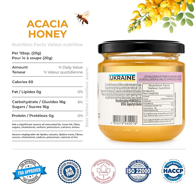 HONIGMA® Raw Acacia Honey | Exquisite Taste | 100% Pure | Unpasteurized | Unfiltered | Partially crystallized | 8.8 Fl Oz Pack of 4