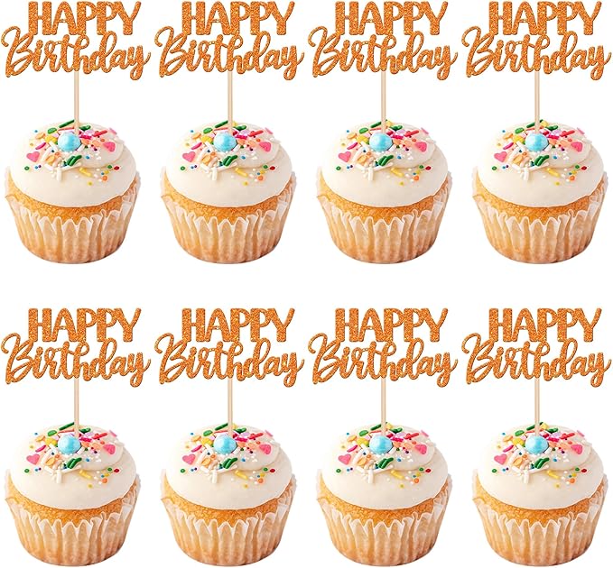 30 PCS Happy Birthday Cupcake Toppers Glitter Happy Birthday Cupcake Picks for Celebrating Birthday Anniversary Theme Party Cake Decorations Supplies Orange