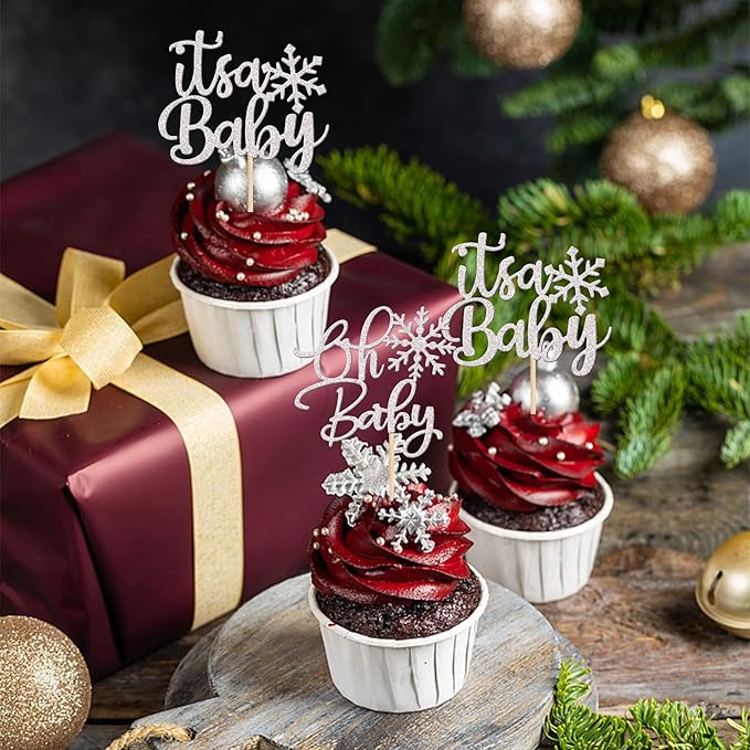 24 PCS Oh Baby Snowflake Cupcake Toppers Silver Glitter Winter Frozen Snowflake It's a Baby Cupcake Picks for Winter Wonderland Baby Shower Birthday Merry Christmas Party Cake Decorations Supplies
