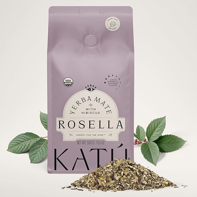 Kat첬 Rosella Premium Organic Loose-Leaf Yerba Mate Tea with Hibiscus, Peppermint, and Stevia Leaves, Vibrant Floral Twist, Natural Energy, 17.6 oz (500g)
