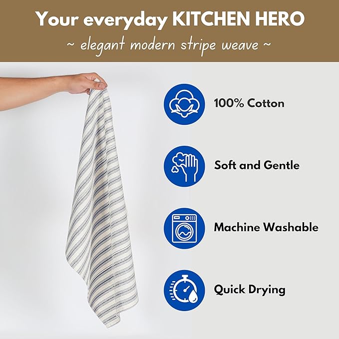 Native Fab 4 Pack Farmhouse Modern Stripe Kitchen Dish Towels Cotton Super Absorbent Quick Drying Reusable 18x26 Inches - Bar Hand Towels, Kitchen Cleaning Towels with Hanging Loop, Navy Blue