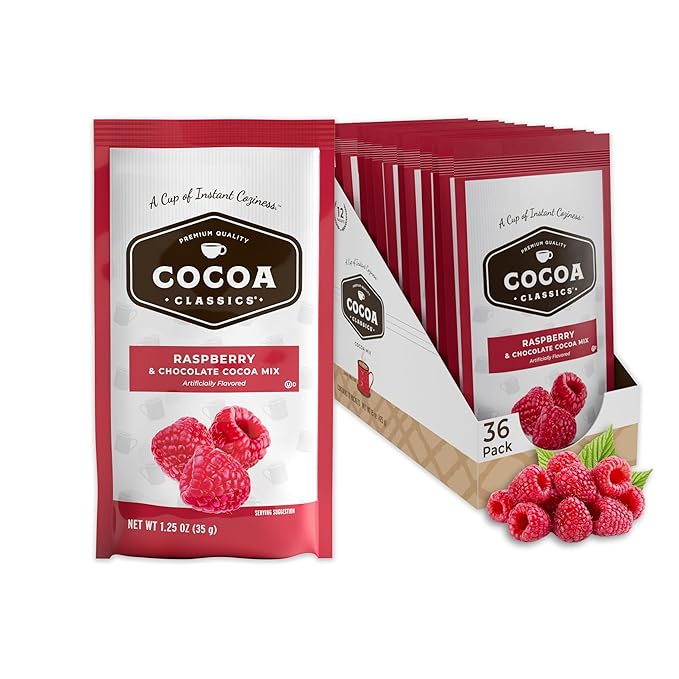 Cocoa Classics Raspberry Cocoa Mix, Hot Chocolate, Made with Nonfat Milk, Just Add Hot Water, Make Hot or Iced Cocoa, Gluten Free & Kosher Dairy Friendly, 1.25oz Packets (Pack of 36)