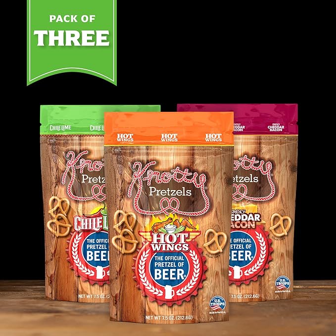 Knotty Pretzels ???쏷he Official Pretzel of Beer??7.5 Ounce Pretzel in Resealable Snacks Bags, Flavored Pretzels, Hot Wings, Smokey Cheddar Bacon, Chile Lime - Bold Variety (3 Pack)