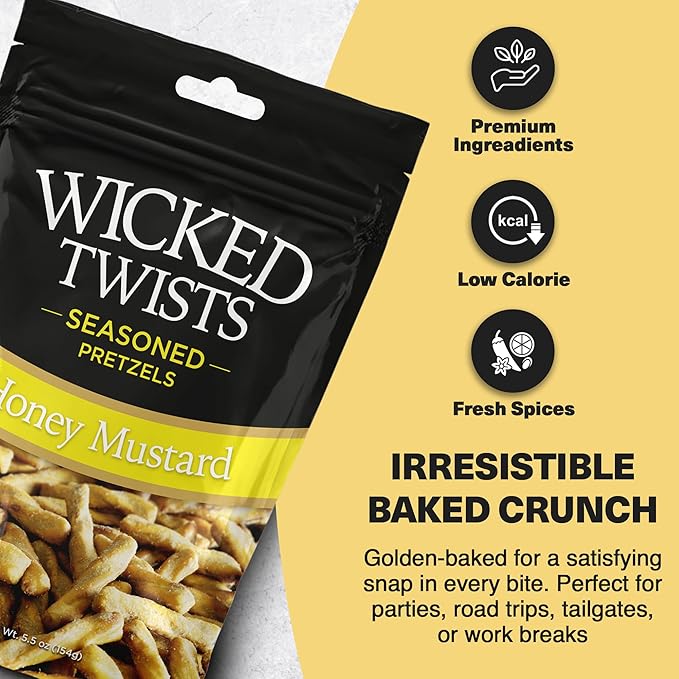 Wicked Twists Honey Mustard Seasoned Pretzels Twists 5.5 oz (1 Pack) Snack Pretzel Sticks Rods, Bold Flavor Snack, Resealable Fresh Pack, Baked Crunch, Party & School-Ready