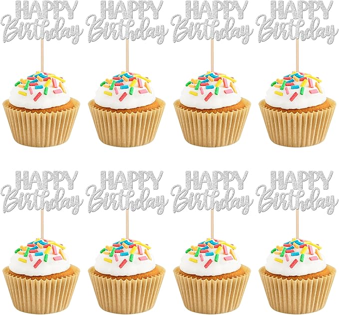 30 PCS Happy Birthday Cupcake Toppers Glitter Happy Birthday Cupcake Picks for Celebrating Birthday Anniversary Theme Party Cake Decorations Supplies Silver