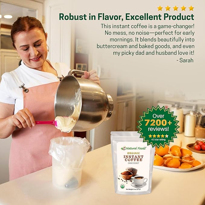 Z Natural Foods Organic Instant Coffee Powder - Rich Dark Roast Flavor, Arabica Instant Espresso Powder with Antioxidants to Boost Energy, Mood & Focus - Gourmet Coffee in Resealable Bag, 8 oz
