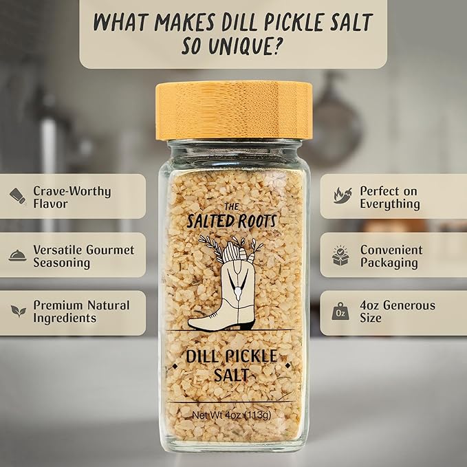 The Salted Roots - Dill Pickle Salt - Vodka-Infused with Fresh Dill, Vinegar & Pickling Spices - Tangy Gourmet Seasoning for Bloody Marys, Burgers, Popcorn & Fries - 4oz Jar