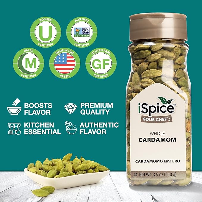 iSpice Cardamom Seeds Whole (3.9 Oz) 110g | Cardamom Pods Whole Pure And Fresh | Kosher | Aromatic Essential Kitchen Herbs