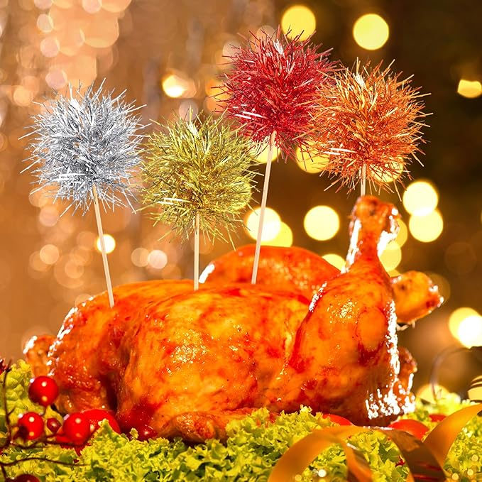 Chinco 100 Pcs Foil Firework Cupcake Toppers Sparkle Tinsel Cake Toppers Cake Decoration Cocktail Fruit Toothpick for Birthday Wedding Graduation Party (Silver, Red, Orange, Gold)
