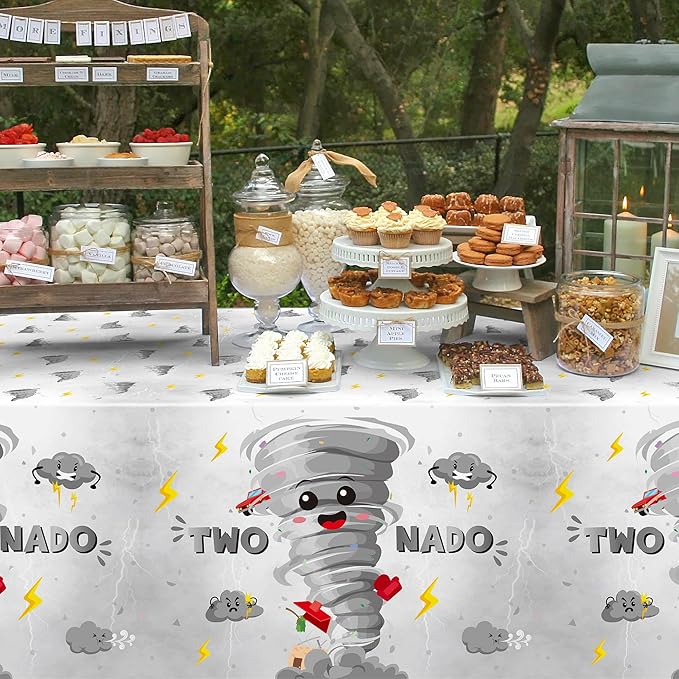 3Pcs Two Nado Party Tablecloths - Gray Tornado Birthday Party Table Covers Decorations, Cute Two Nado Themed Rectangular Plastic Disposable Table Cloth Decor for Baby Girls 2nd Birthday Baby Shower