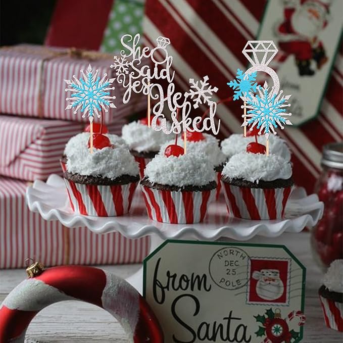 24 PCS He Asked She Said Yes Cupcake Toppers Glitter Diamond Ring Snowflake Cupcake Picks Bridal Shower Cake Decorations for Winter Wonderland Wedding Engagement Party Cake Decorations Supplies