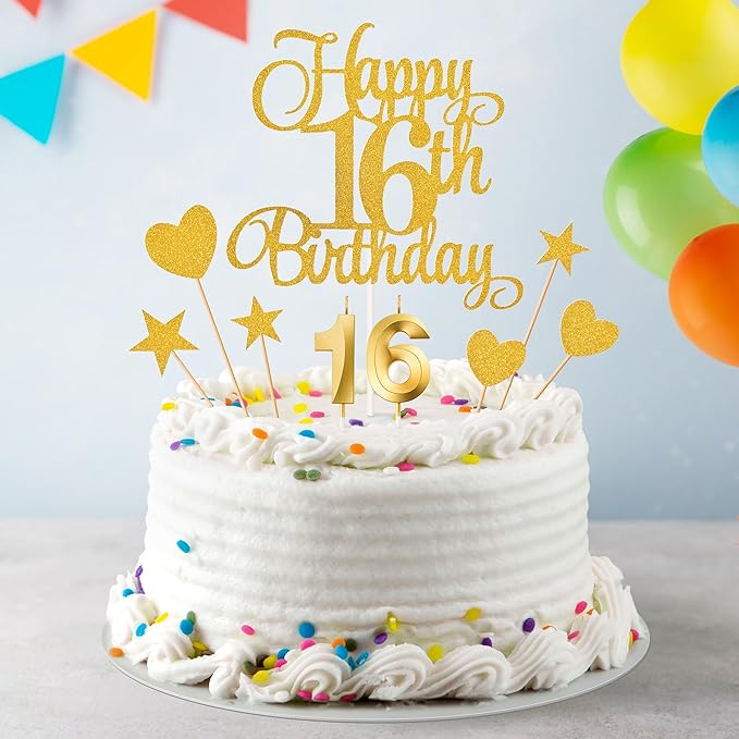 16th Birthday Cake Decorations, 16th Birthday Candles Cake Numeral Candles and Glitter Happy 16th Birthday Cake Toppers Set for Birthday Party Supplies (Golden)