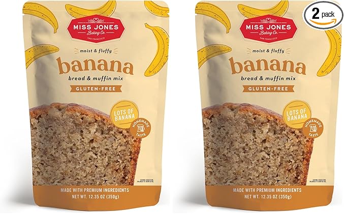 Miss Jones Baking Banana Bread & Muffin Mix - Whole Grains, 50% Lower Sugar, Real Banana, Naturally Sweetened Desserts & Treats (Pack of 2)