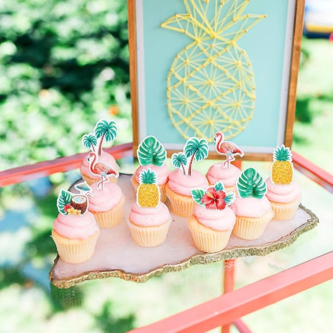 42Pcs Edible Tropical Cupcake Toppers Wafer Paper Hawaiian Luau Theme Party Decoration Baby Shower Birthday Party Supplies
