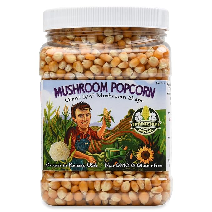 Princeton Popcorn Mushroom Hulless Popcorn Kernels ??Easy-Eating, Ball Shaped Tender Popping Corn, Non-GMO Popcorn Kernels, No Hulls, Farmer Direct, Microwave Air Popper or Stovetop 32oz Jar