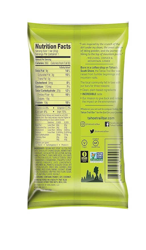 Tahoe Trail Bar, Plant-Based Natural Energy Bar (2.3 Ounce Protein Bar, 12 Count) High Protein Non-GMO, Gluten-Free, Vegan Healthy Snacks - Dark Chocolate Cherry