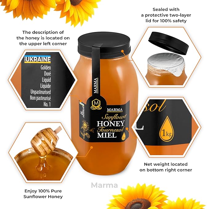 HONIGMA® Marma Sunflower Honey | Authentic Raw Honey from Ukraine | 100% Pure, Unpasteurized & Fully Crystallized | 1000g/35.2oz | Naturally Solid Texture | Pack of 1
