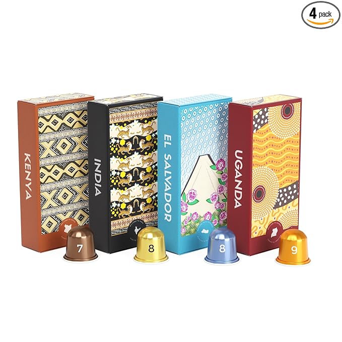 Atlas Coffee Club Espresso Pods Compatible with Nespresso Original– Medium Roast Variety Pack (40 Count)– Aluminum Capsules from Kenya, El Salvador, India & Uganda– Intensity 7–9