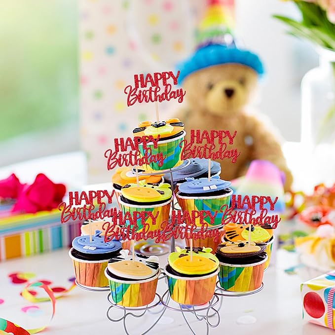 30 PCS Happy Birthday Cupcake Toppers Glitter Happy Birthday Cupcake Picks for Celebrating Birthday Anniversary Theme Party Cake Decorations Supplies Red