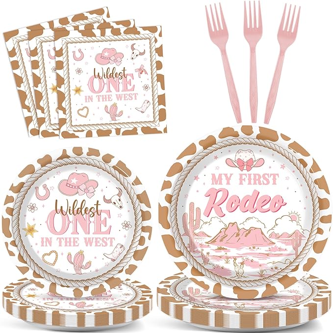 96Pcs My First Rodeo Birthday Plates and Napkins Western Cowgirl 1st Birthday Party Decorations Wild West One Dessert Disposable Paper Plates Pink Tableware Set for 24 Guests Kids Girls Party Supplies