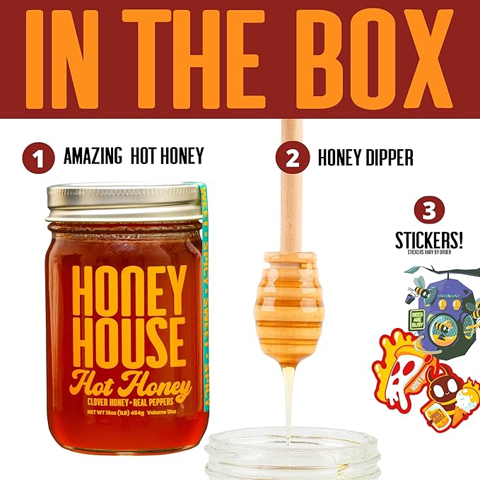 Honey House Hot Honey Premium Spicy Infused with Chili Peppers | 100% Natural with Natural Spices | Gourmet Sweet & Spicy Condiment for Pizza, Ice Cream, Cheese, Chicken, Veggies and More (Pack of 1)