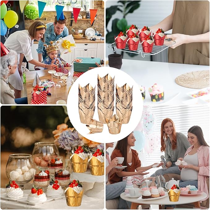 uxcell 100 Pcs Tulip Cupcake Liners, Muffins Liners Aluminum Foil Cupcake Wrappers Baking Cups Muffins Liners for Wedding Birthday Party Supplies, Champagne Gold