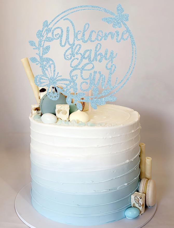 Welcome Baby Girl Cake Topper - Light Blue Glitter Baby Shower Cake Decorations, Baby Girl Cake Decor, for Baby Shower/Birthday Party/Gender Reveal Party Photo Booth Props