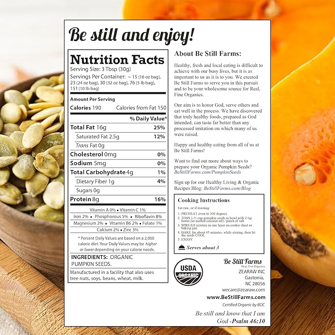 Organic Raw Pumpkin Seeds to Eat (4.8lb) - Bulk Whole Unsalted Pepitas with No Shell by Be Still Farms - Natural Snacks for Keto - High in Fiber | USDA Certified | Non-Gmo | Gluten Free | Vegan