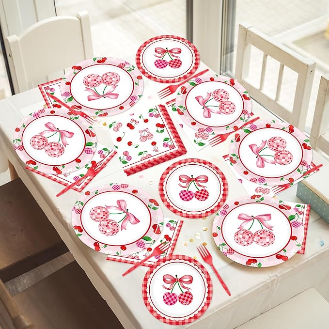 96Pcs Cherries Theme Plates and Napkins Pink Bow Cherry Birthday Party Decoration Disco Ball Disposable Dessert Cake Plates Cherries Paper Dinner Tableware for 24 Guests Girls Boys Kids Party Supplies