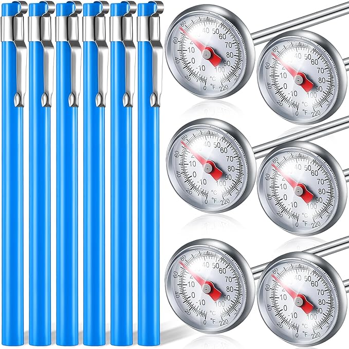 Xuhal 6 Pcs Stainless Steel Kitchen Thermometers with 5 Inch Long Stem 1 Inch Dial Milk Frothing Food Thermometer for Oven Probe Meat Grill BBQ Cooking Chocolate Water (Blue)