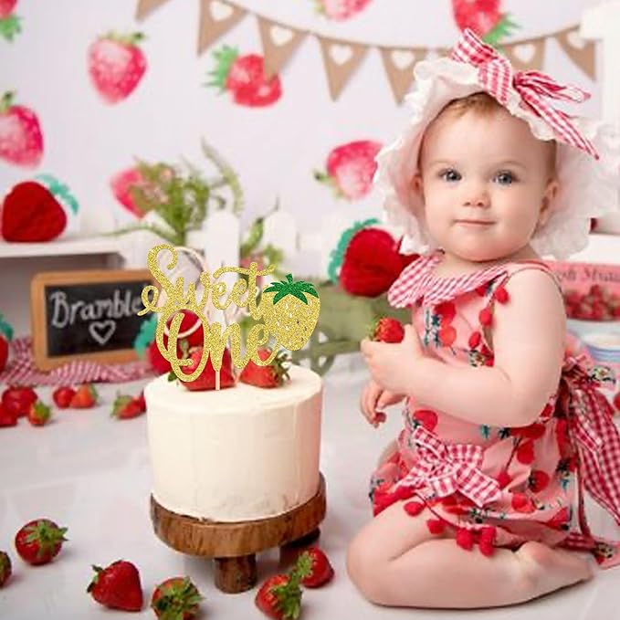 1 Pack Sweet One Cupcake Topper Glitter First Birthday Strawberry Cake Pick for Fruit Baby Shower 1st Birthday Berry Sweet Party Cake Decorations Supplies Gold