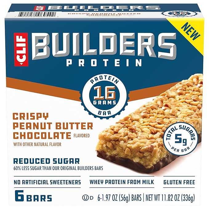 CLIF BUILDERS Protein Bars - Crispy Peanut Butter Chocolate Flavored - Reduced Sugar - Gluten Free - 16g Protein - No Artificial Sweeteners - 1.97 oz. (6 Pack)