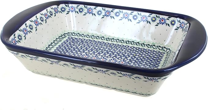 Blue Rose Polish Pottery - Blue Petite Bouquet Large Rectangular Baker with Handles - 9" x 6.5" - Unique, Dishwasher Safe, & Durable Bakeware