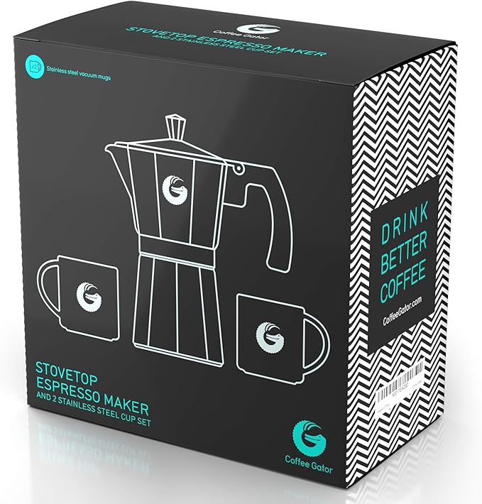 Coffee Gator Moka Pot - 6 Cup, 12oz Stovetop Espresso Maker - Classic Italian and Cuban Coffee Percolator w/ 2 Stainless-Steel Cups ??Matte Grey Aluminum, 360ml
