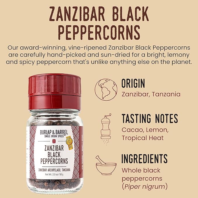 Burlap & Barrel | Zanzibar Black Peppercorns | As Seen On Shark Tank! | Award-Winning, Vine-Ripened, Bright, Lemony, Spicy | Peppercorns Whole, Pepper Corns | 2 Oz Grinder-Top Glass Jar