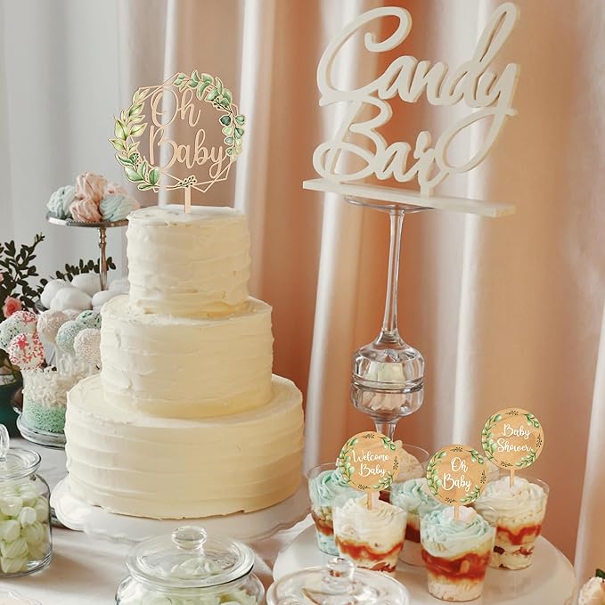 12 PCS Baby Shower Party Cupcake Toppers Oh Baby Cake Cupcake Decorations in Wood (Design A)