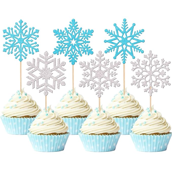 36 PCS Snowflake Cupcake Toppers Glitter Winter Frozen Theme Cupcake Picks for Winter Wonderland Snowflake Theme Baby Shower Kids Birthday Christmas Party Cake Decorations Supplies Silver Blue