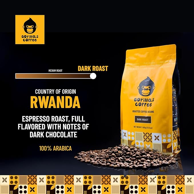 Gorilla's Coffee 100% Arabica - Dark Roast Whole Bean Coffee, Fair Trade, Full Bodied, with Notes of Dark Chocolate | Premium Rwandan Coffee | Rich, Flavorful, and Aromatic (500g/17.6oz)