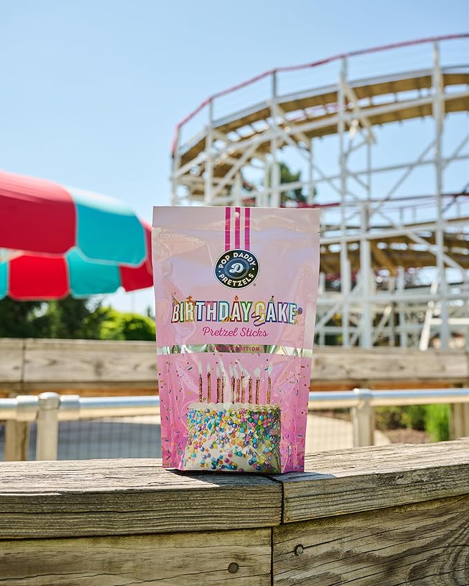 Pop Daddy Pretzels Sticks, Healthy Gourmet Flavored Pretzels Snacks, 7.5oz Individual Bags, 3 Pack, Birthday Cake