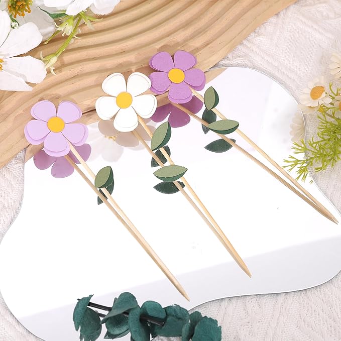 8Pcs Purple White Flowers Cake Toppers - Spring Floral Birthday Wedding Decorations,Bohemian Flower Party Cupcake Toppers,Purple Daisy Floral Cake Centerpieces,Sweet Garden Party Photo Props