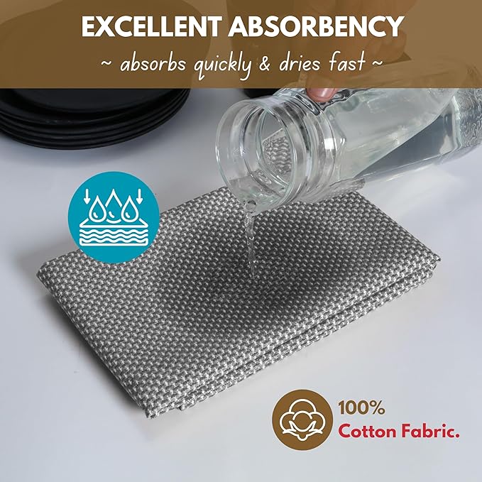 Native Fab 4 Pack Dotted Pattern Kitchen Dish Towels Cotton Super Absorbent Quick Drying Reusable 18x26 Inches - Bar Hand Towels, Kitchen Cleaning Towels with Hanging Loop, Grey