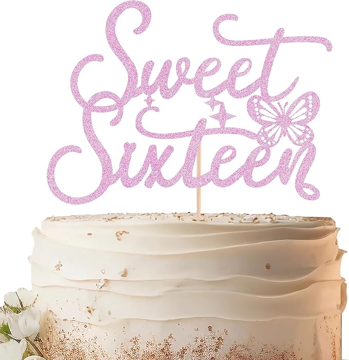 Sweet Sixteen Cake Topper - Pink Glitter Butterfly Theme Sweet 16 Birthday Cake Decorating Supplies for Girls, Sweet 16 Cake Topper for Happy 16th Birthday Anniversary Party Supplies Photo Booth Props