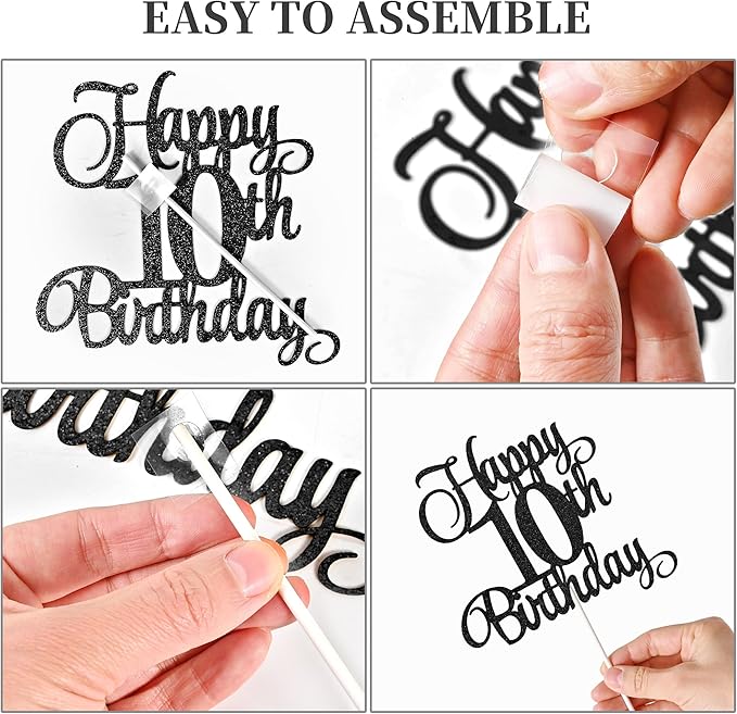 10th Birthday Cake Decorations, 10th Birthday Candles Cake Numeral Candles and Glitter Happy 10th Birthday Cake Toppers Set for Birthday Party Supplies (Black)