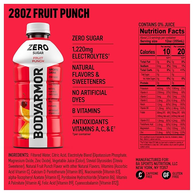 BODYARMOR ZERO Sugar Fruit Punch, Sugar Free Sports Drink - Low-Calorie Hydration - Natural Flavors with Potassium Packed Electrolytes, Antioxidants, and B-vitamins, 28 fl oz (Pack of 15)