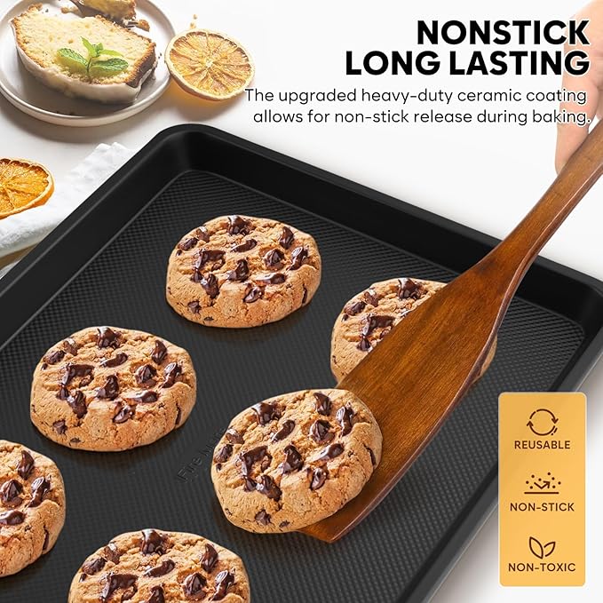 2 Pack Cookie Sheets for Baking, Ceramic Half Baking Sheet Pans Set, Thicker Carbon Steel Baking Sheets Non Stick, 17.5 x 13 Inch Baking Trays for Oven