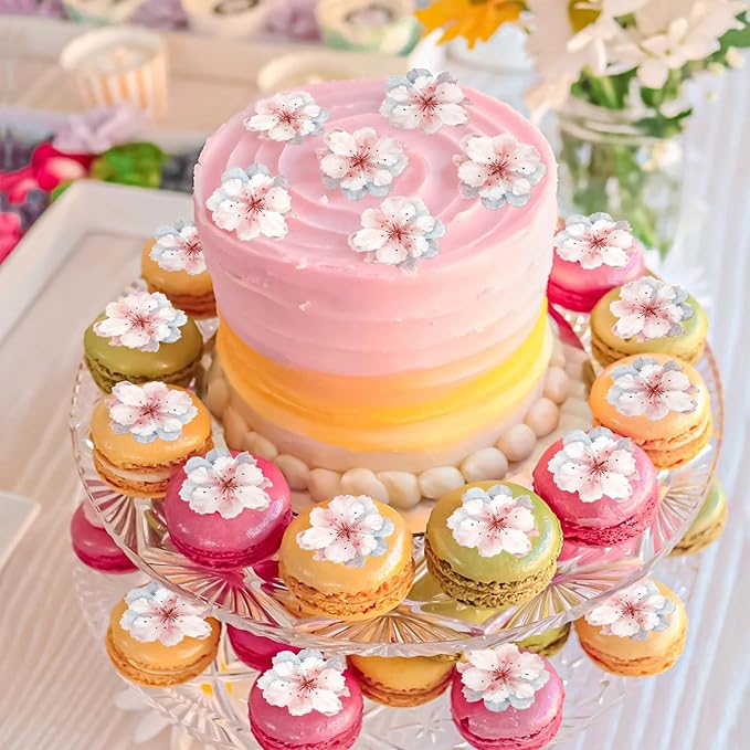 40 PCS Edible Cherry Blossoms Cake Decorations Edible Cherry Blossoms Cupcake Toppers Wafer Paper Flowers Cake Toppers for Baby Shower Kids Birthday Party Cake Food Decorations Supplies Pink